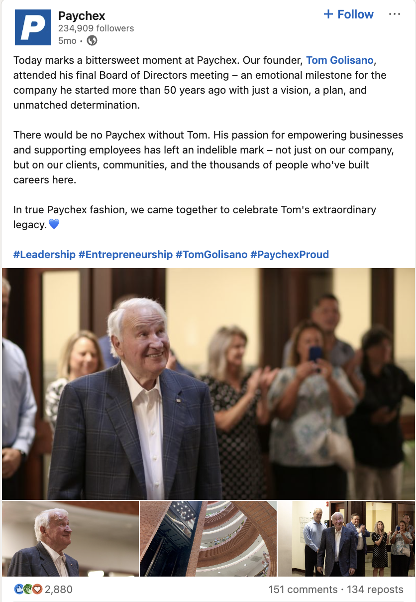 Paychex LinkedIn post commemorating their founder's last day with the company. 
