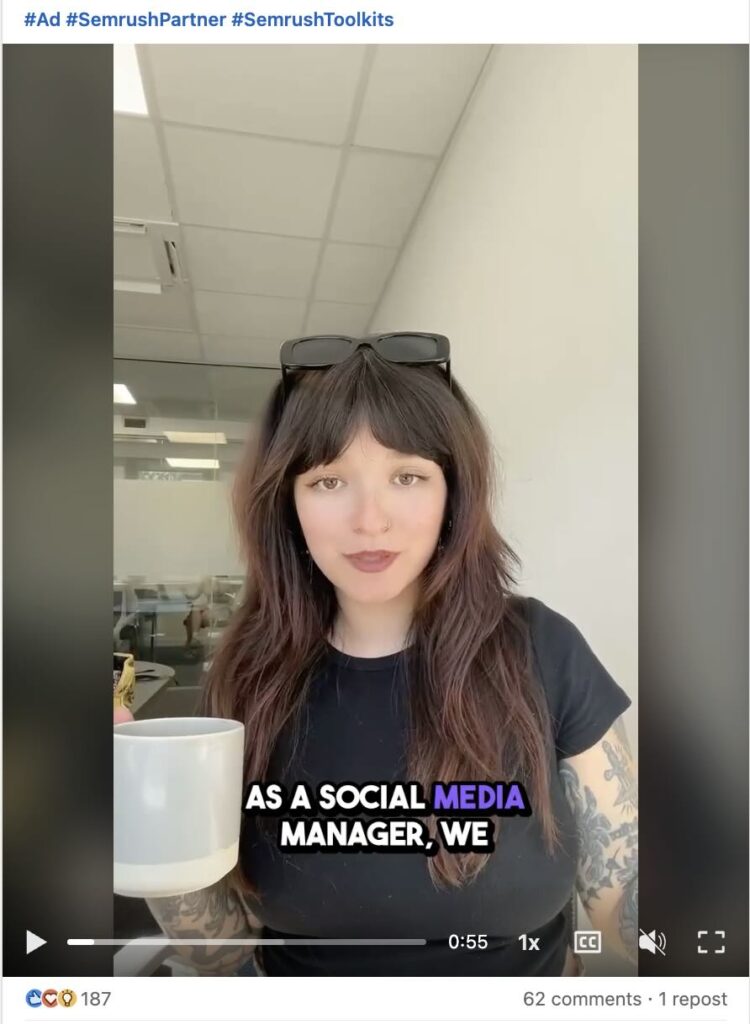 A Linkedin post from creator Annie-Mai Hodge about how she uses Semrush in her role as a social media manager 