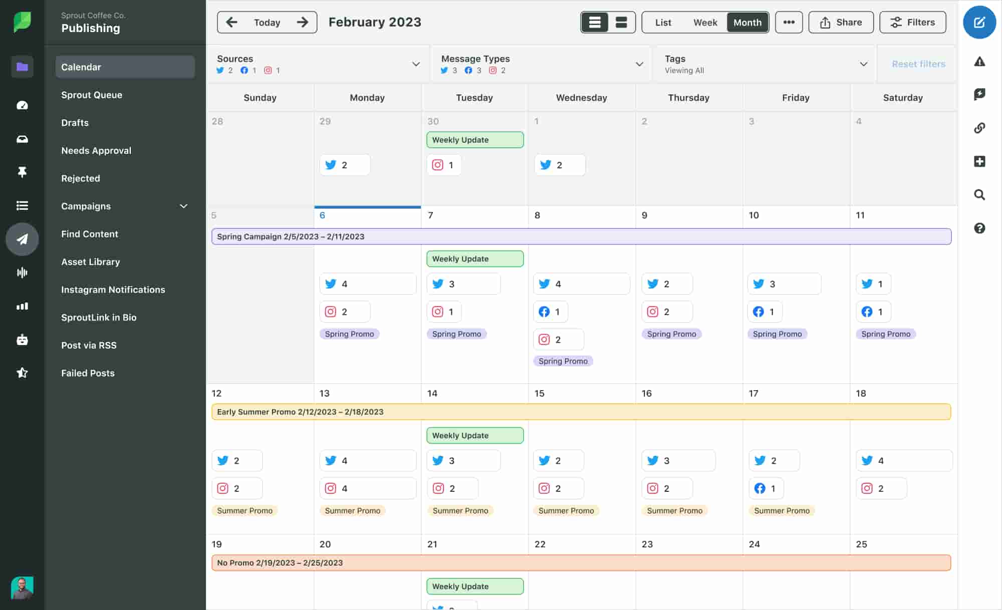 Sprout's social media publishing calendar view