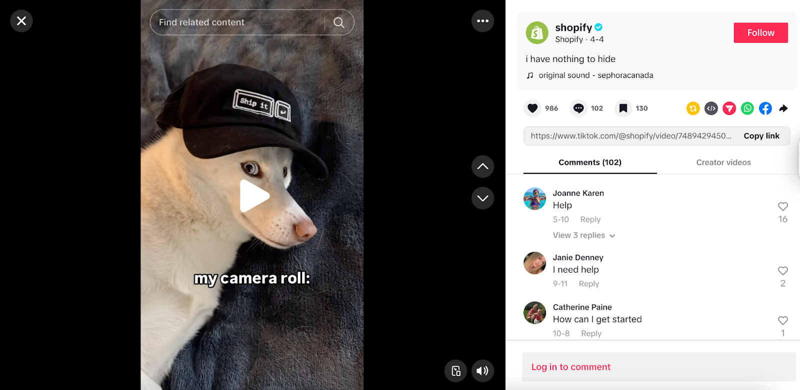 TikTok from Shopify featuring a joke about an entrepreneur’s camera roll