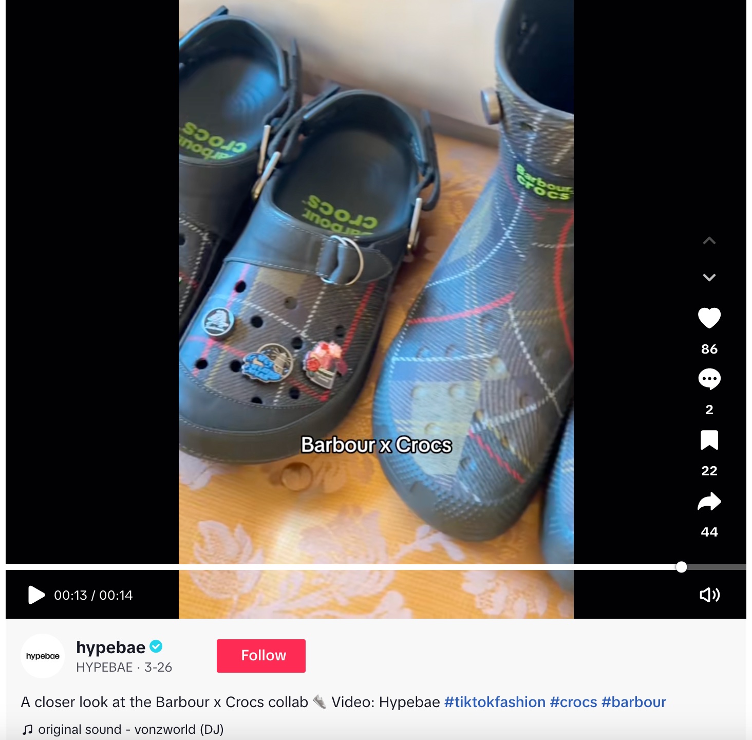 TikTok post from hypebae about the Barbour x Crocs brand collaboration.