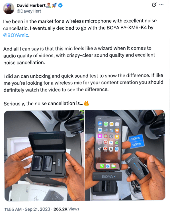 A tweet that shows a BOYA mic unboxing and its connection to an iPhone (Source: X)