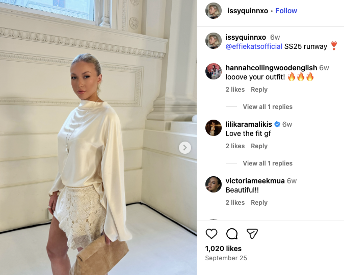 A glam photo on Instagram in which Isabella is dressed in a white silk top and lace skirt