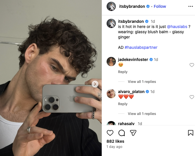 A series of glam pictures of Brandon on Instagram as a collaboration with Haus Labs