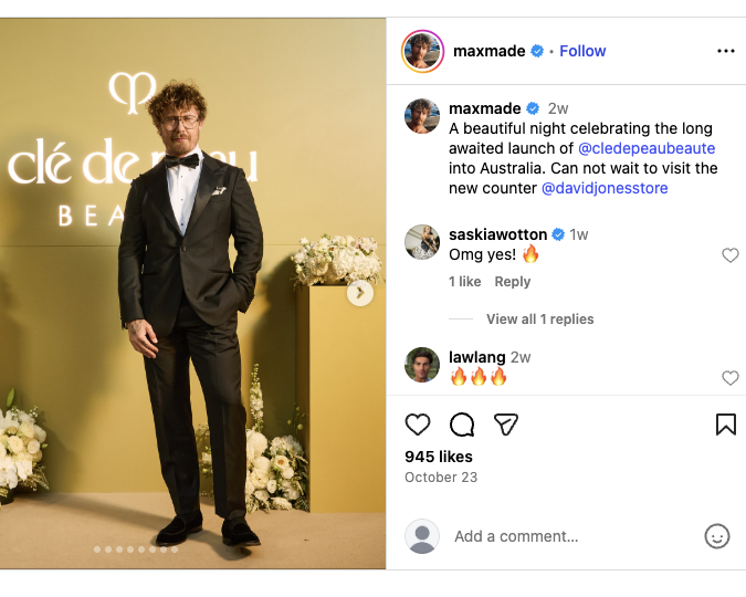 Max’s Instagram photo celebrates the launch of Cle de Peau Beaute in Australia