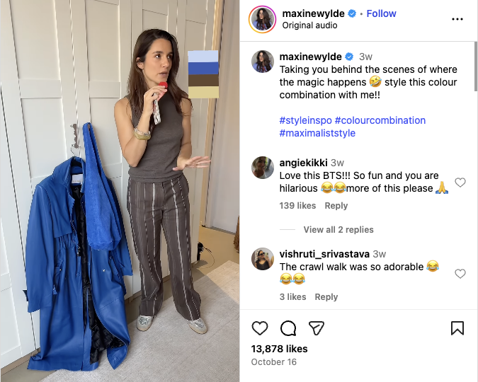 An Instagram video where Maxine shows her audience how to style a blue and brown colour palette