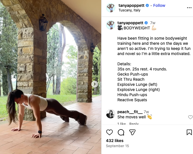 A Reel on Instagram shows Tanya working out while holidaying in Tuscany