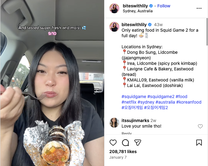 Lily’s Instagram video showcases Sydney locations that offer food from the second season of the Netflix show “Squid Game”