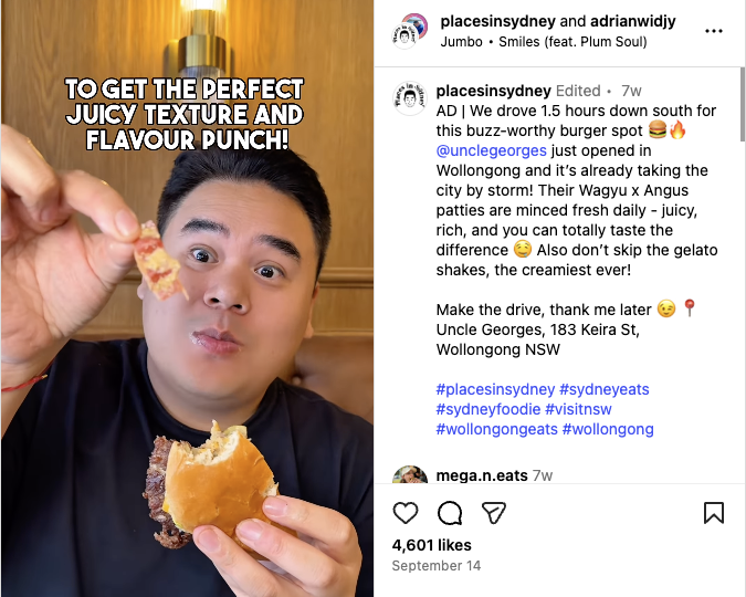 An Instagram video from Adrian in collaboration with Places in Sydney to create an ad for Uncle George’s in Wollongong