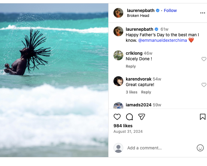 An Instagram photo of Lauren’s partner, Emmanuel, enjoying a dip in the ocean