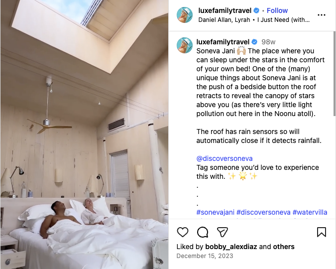 Emma Lambert and her husband, Tom, show off Maldives resort Soneva Jani in an Instagram video