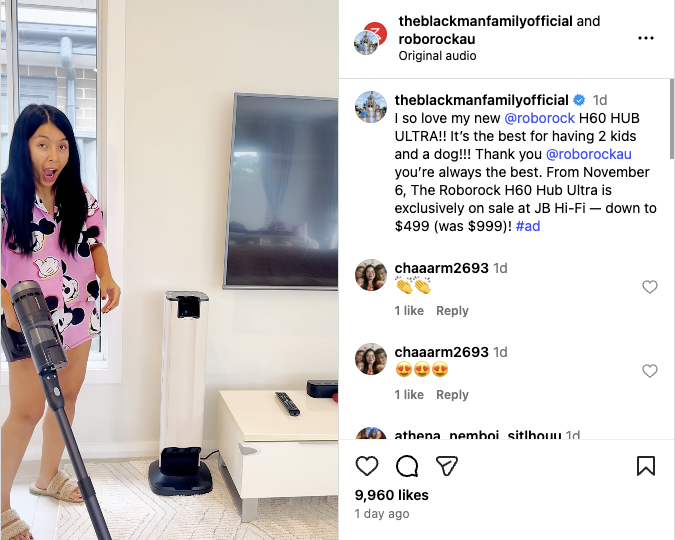 Jeraldine partnered with Roborock Australia in this Instagram video to show how cleaning tools make her happy as an adult