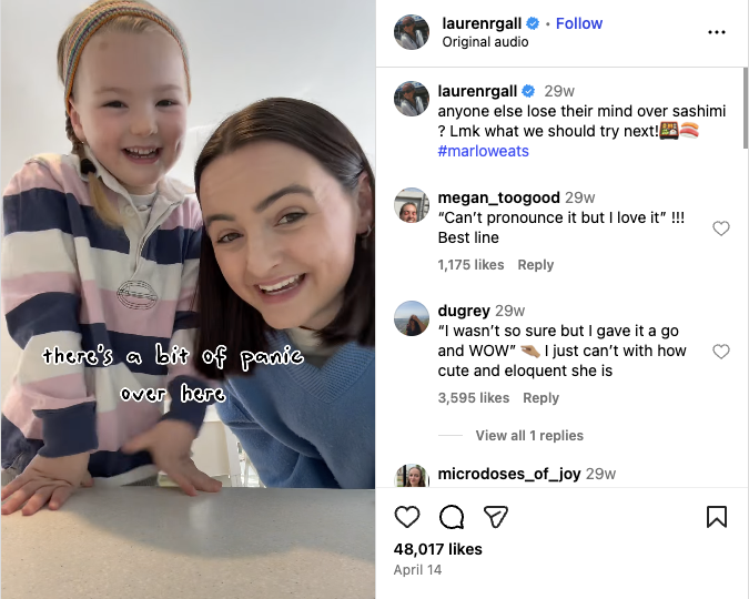 auren’s Instagram video shows her and her daughter, Marlow, asking their audience what they should try next for “Marlow Eats”