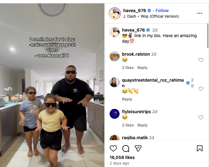 Havea’s humourous Instagram dance video features his two daughters