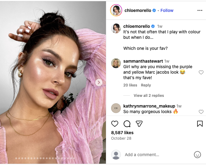 Chloe shares photos of herself on Instagram and asks her audience which makeup colour palette they prefer