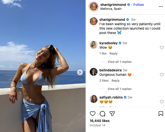 An Instagram picture of Shani wearing a baby blue co-ord set in Mallorca