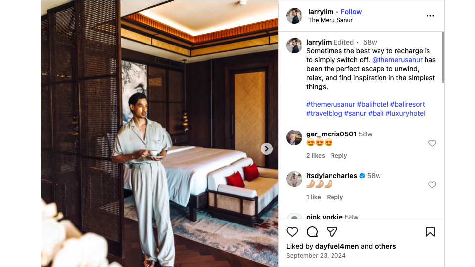 An Instagram picture of Larry dressed in a robe while staying in The Meru Sanur, Bali