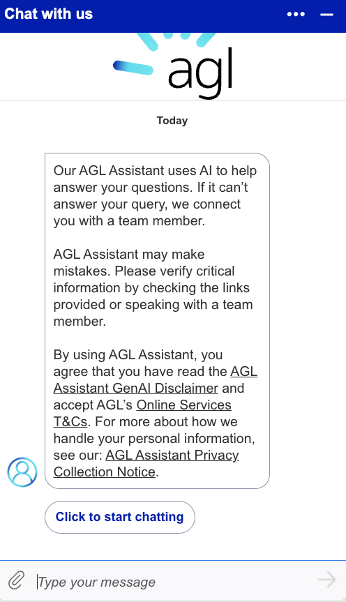 AGL Assistant is accessed quickly via the AGL website or app, and it helps with general queries. If needed, it passes conversations on to human agents.
