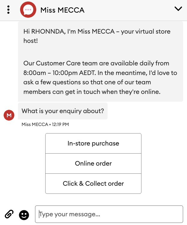 Chat window showing Miss MECCA responding to a customer query.