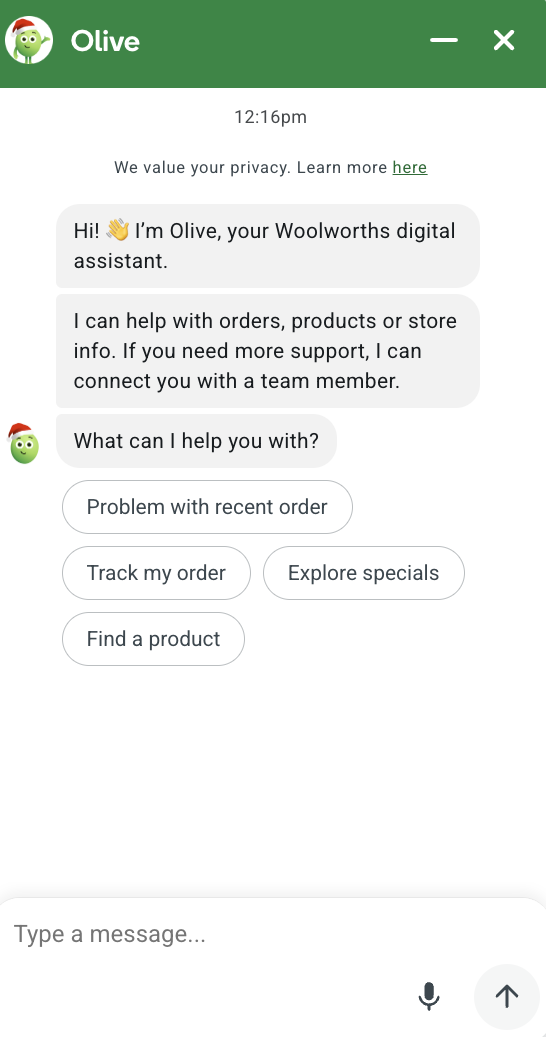 Screenshot of Woolworths online chat with Olive showing options for customer service queries like “Problem with recent order,” “Track my order,” and “In-store stock availability.”