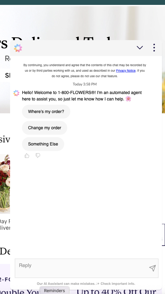A chatbot shows prompts like “Where’s my order?” and “Change my order” (Source: 1-800-Flowers)