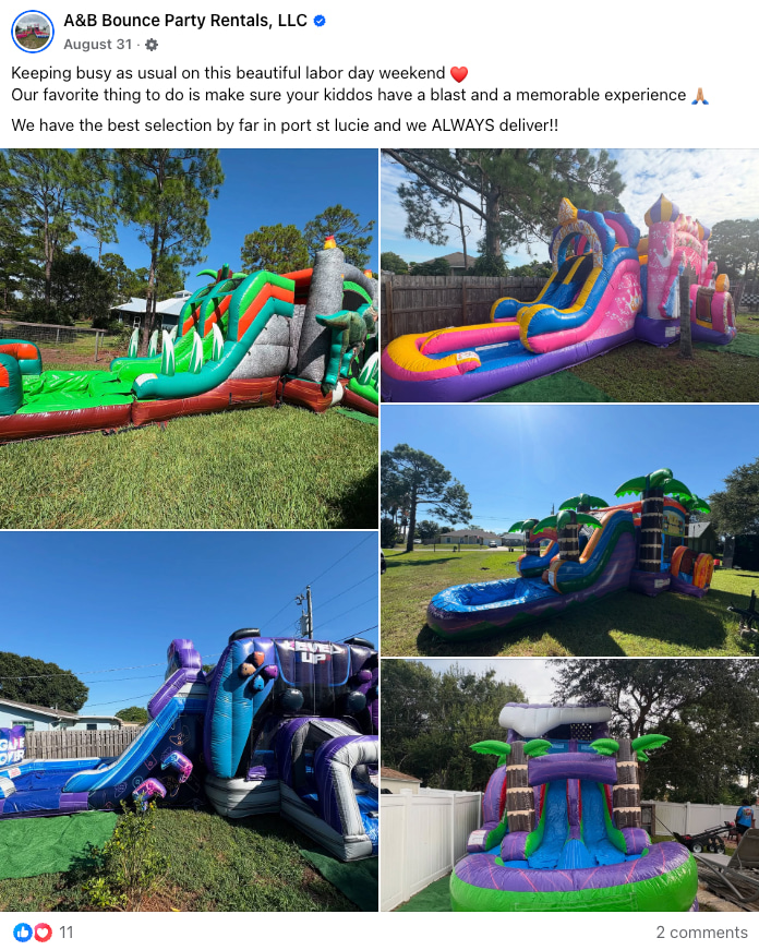 A Facebook post from A&B Bounce Party Rentals that showcases colorful inflatable water slides 