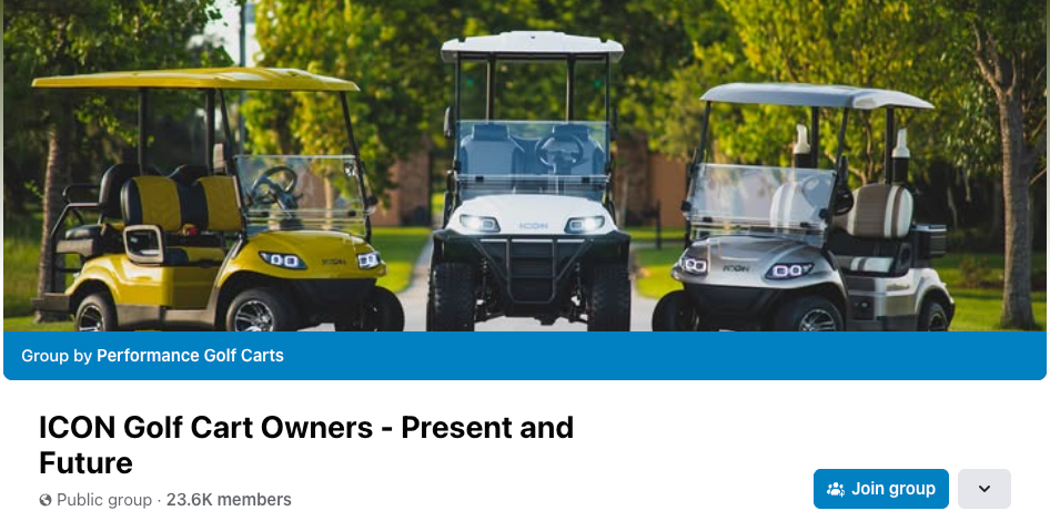 The home page of the Performance Golf Carts Facebook Group, called ICON Golf Cart Owners