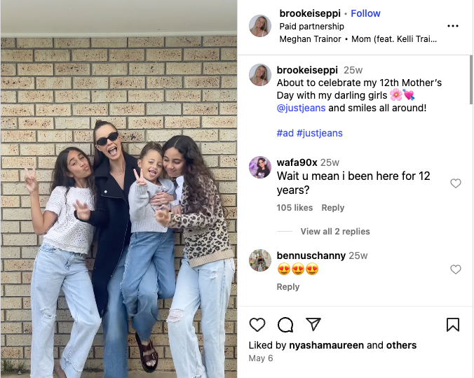 Brooke and her three daughters in a video promotion for Just Jeans on Instagram (Source: Instagram)
