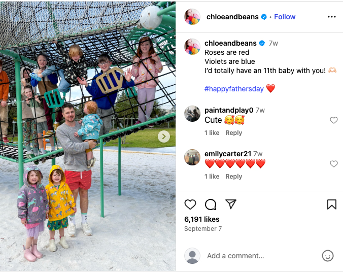 Chloe shares a photo of her entire family at a park for Father’s Day, dedicating the caption to her husband (Source: Instagram)
