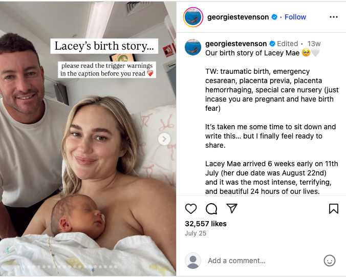 Georgie shares a carousel post on Instagram reflecting on her second daughter’s birth story (Source: Instagram)