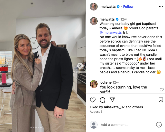 Mel and her husband pose for a photo at a family baptism (Source: Instagram)