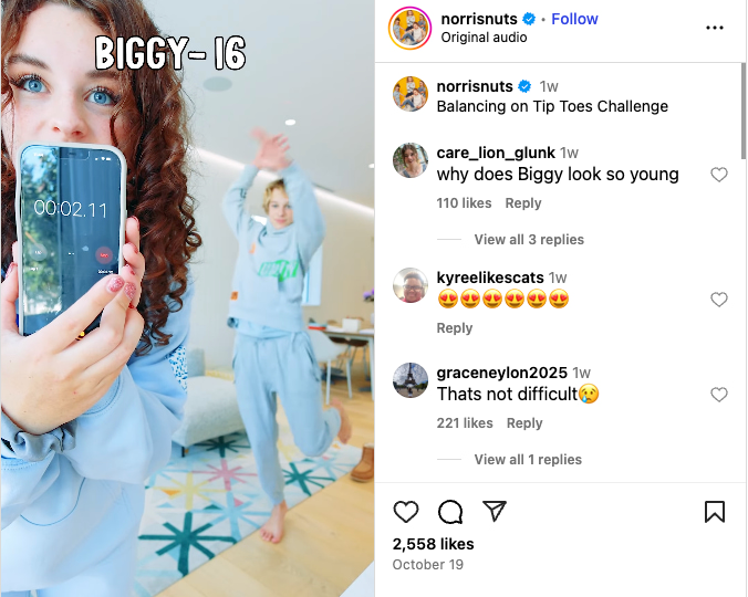 The Norris siblings share an Instagram Reel where they challenge each other to see who can balance on their tiptoes the longest (Source: Instagram)