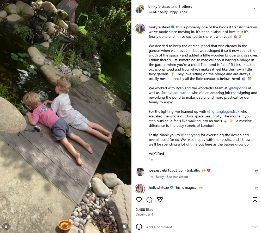 Binky Felstead shares an Instagram Reel of her two children enjoying the family’s new backyard garden and pond (Source: Instagram)