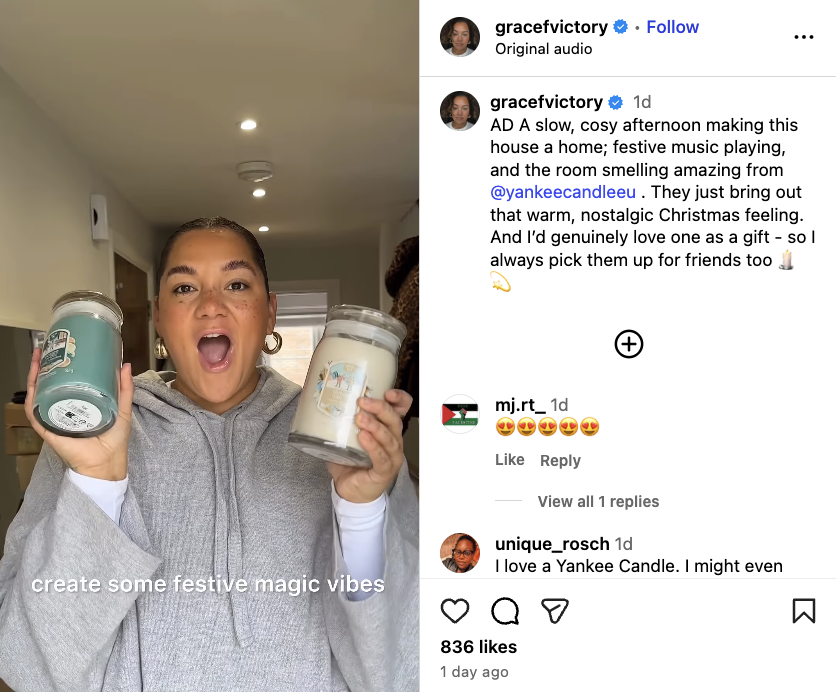 Grace Victory holds up two candles as she shares a brand collab with Yankee Candle EU (Source: Instagram)