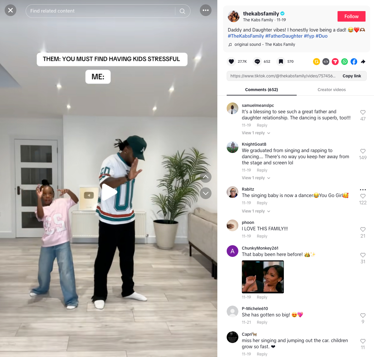A father-daughter duo dance off featuring The Kabs Family at home (Source: TikTok)