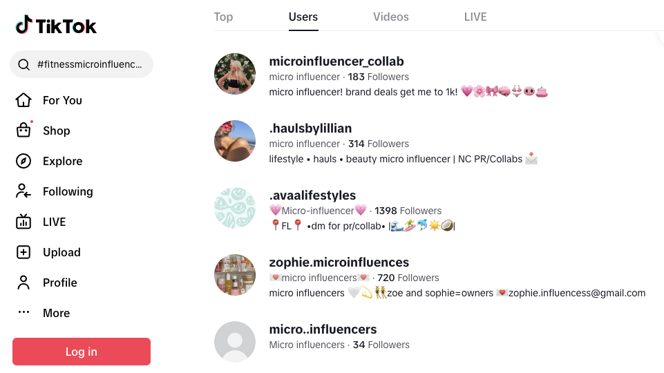A screenshot that shows the results of a search for “#fitnessmicroinfluencer” on TikTok