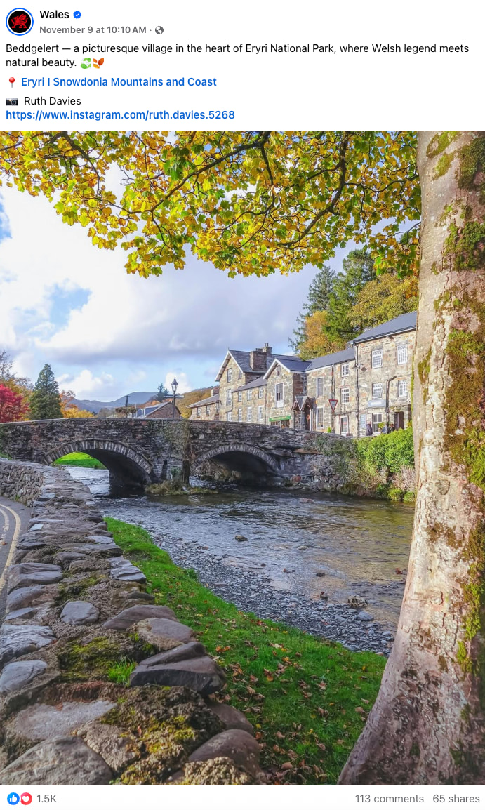 The Visit Wales Facebook account shares a photo and post about Beddgelert.