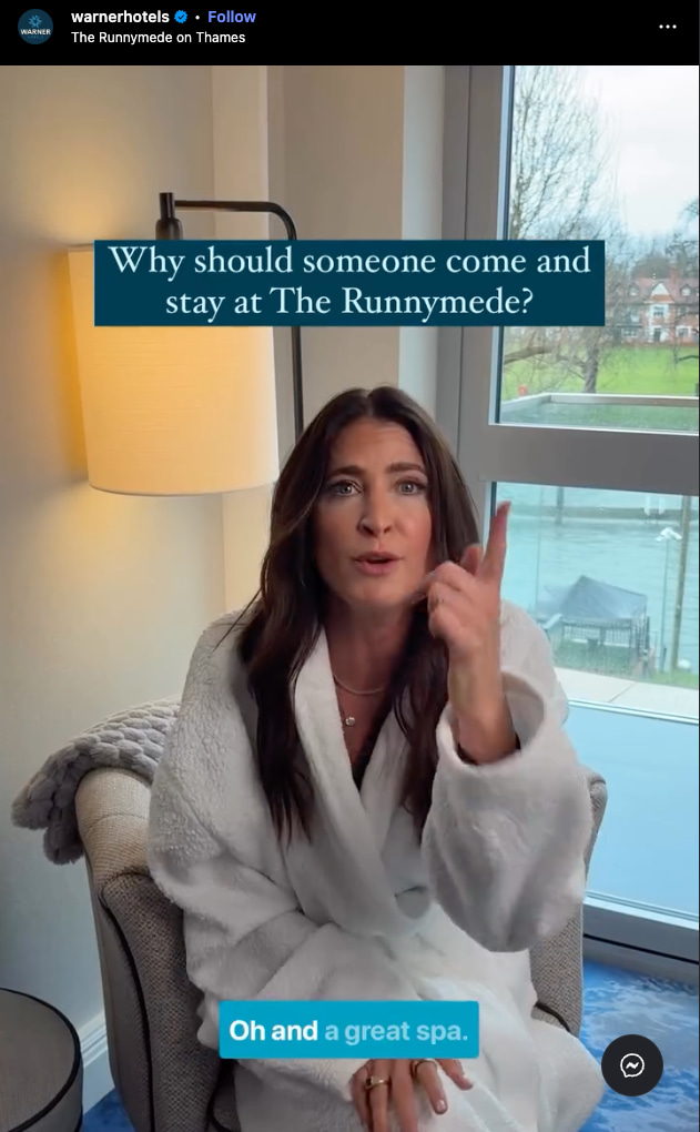 An Instagram Reel featuring a woman in a nightgown sitting in a chair with overlay text that reads "Why should someone come and stay at The Runnymede?"