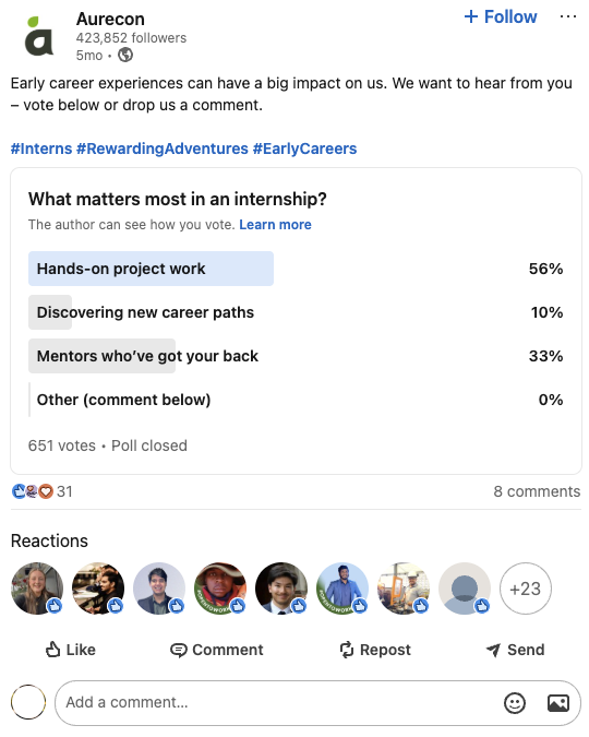 Aurecon asks their audience what matters most in an internship, receiving a total of 651 votes.