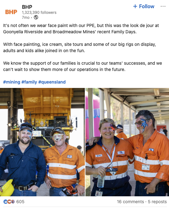 Mining company BHP showcases the ways it helps its staff spend more time with their families when working FIFO roles and shares pictures of staff members with painted faces and wearing the company's orange uniforms