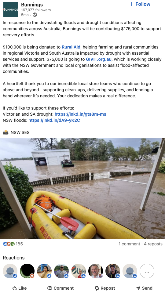 Bunnings announced its contribution to recovery efforts after floods hit NSW and drought affected Victoria and SA.