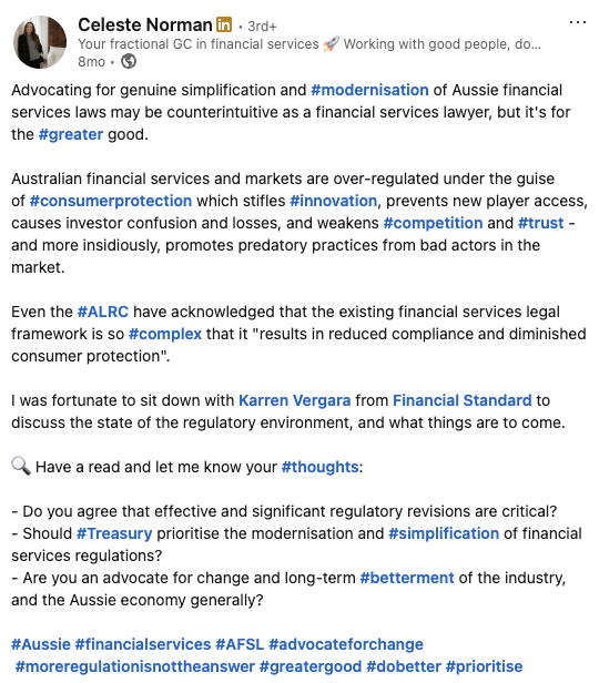 Celeste Norman, a fractional GC based in Brisbane, shares her regulatory expertise with followers via a newsletter format.