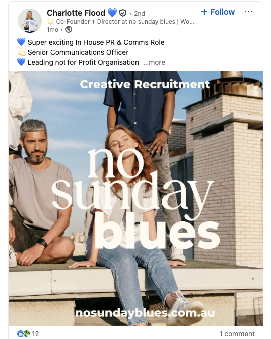 Recruiter Charlotte Flood posts her job openings with engaging, fun captions that hook readers and showcase perks upfront.