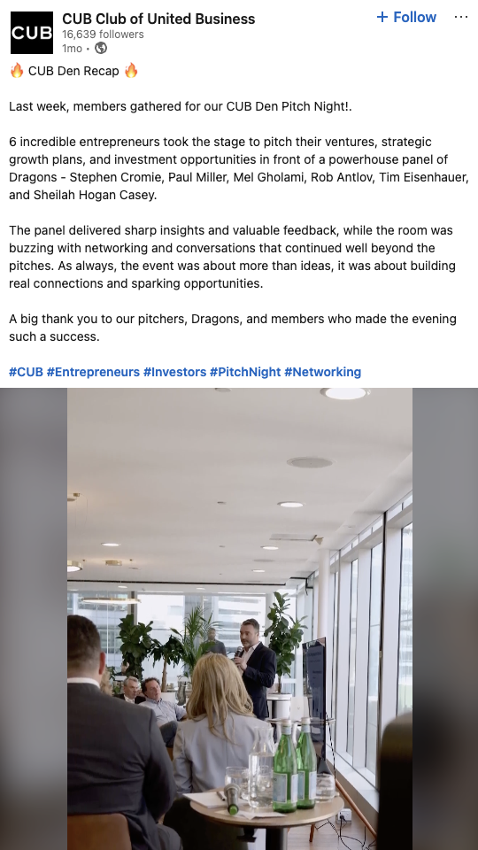 Club of United Business, a hub for professionals in Sydney, shares BTS shots of outings with its LinkedIn followers