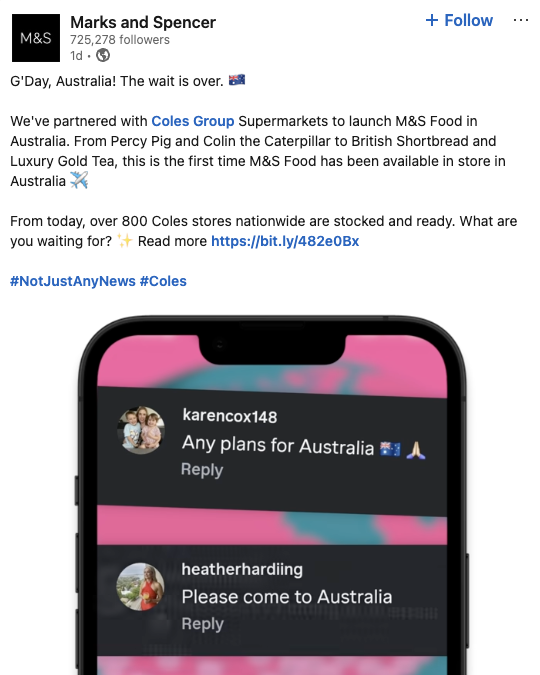Marks and Spencer announces the launch of M&S Food in Australia with a post featuring screenshots of users asking the brand to come to Australia