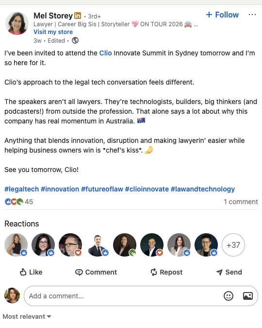 Mel Storey, an in-house lawyer based in Brisbane, shares that she’s attending the upcoming Clio Innovate Summit in Sydney.