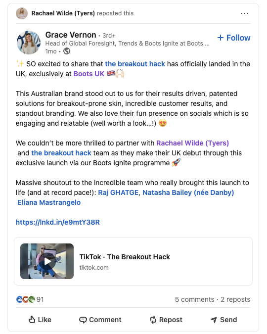 Rachael Wilde, Co-founder of tbh Skincare, shares a LinkedIn post celebrating the launch of her skincare brand, the breakout hack, at Boots UK.