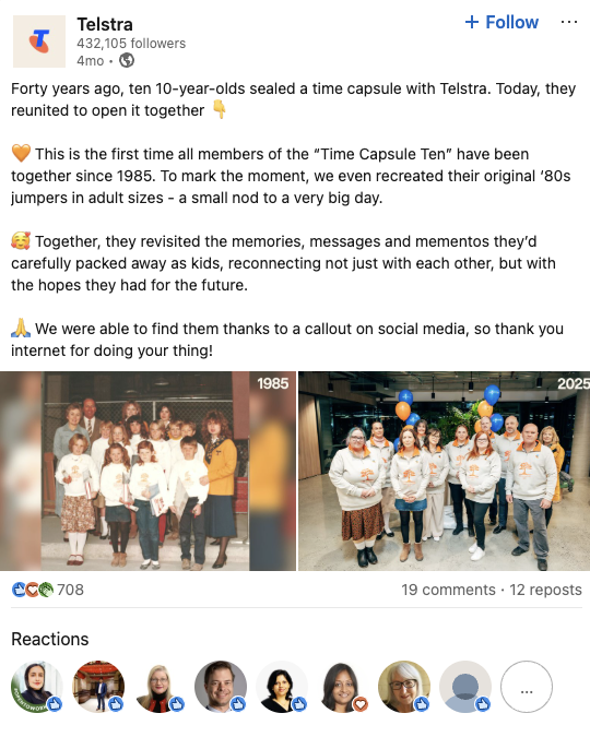 Telstra highlights a 40-year community project involving a time capsule planted in 1985 and shares two before-and-after photos of a group of people involved in the project