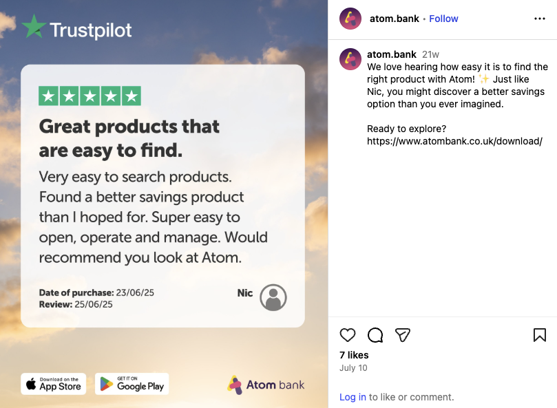 Atom Bank’s Instagram post of a graphic of a Trustpilot review praising its simple app and savings products