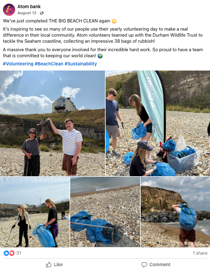 Atom Bank’s Facebook post shows employees on a beach cleanup, collecting rubbish in blue bags